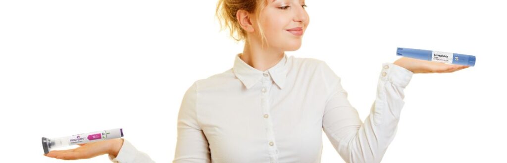 a woman holding tirzepatide and semaglutide