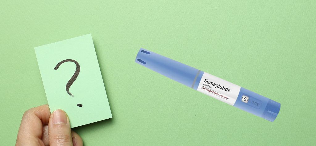 A semaglutide pen next to a question mark